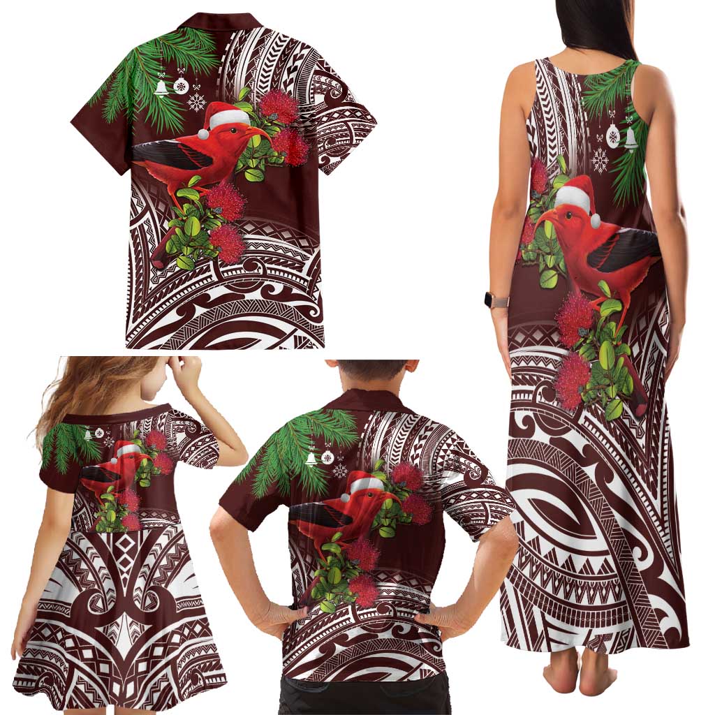 Christmas Hawaii with I'iwi Bird Family Matching Tank Maxi Dress and Hawaiian Shirt Aloha Mele Kalikimaka - Oxblood Art LT9 - Polynesian Pride
