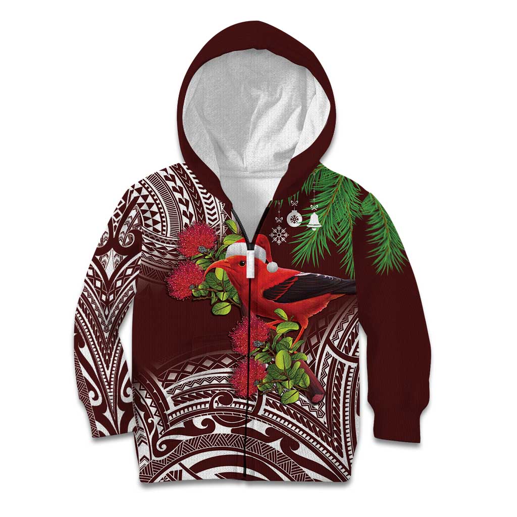 Christmas Hawaii with I'iwi Bird Kid Hoodie Aloha Mele Kalikimaka - Oxblood Art