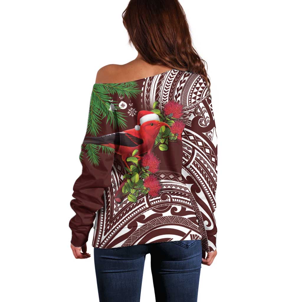 Christmas Hawaii with I'iwi Bird Off Shoulder Sweater Aloha Mele Kalikimaka - Oxblood Art