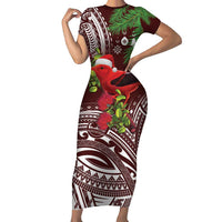 Christmas Hawaii with I'iwi Bird Short Sleeve Bodycon Dress Aloha Mele Kalikimaka - Oxblood Art LT9 Long Dress Oxblood - Polynesian Pride