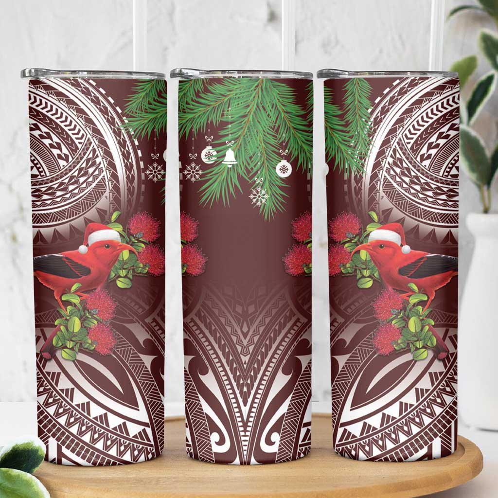 Christmas Hawaii with I'iwi Bird Skinny Tumbler Aloha Mele Kalikimaka - Oxblood Art LT9 - Polynesian Pride