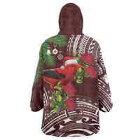 Christmas Hawaii with I'iwi Bird Wearable Blanket Hoodie Aloha Mele Kalikimaka - Oxblood Art LT9 - Polynesian Pride