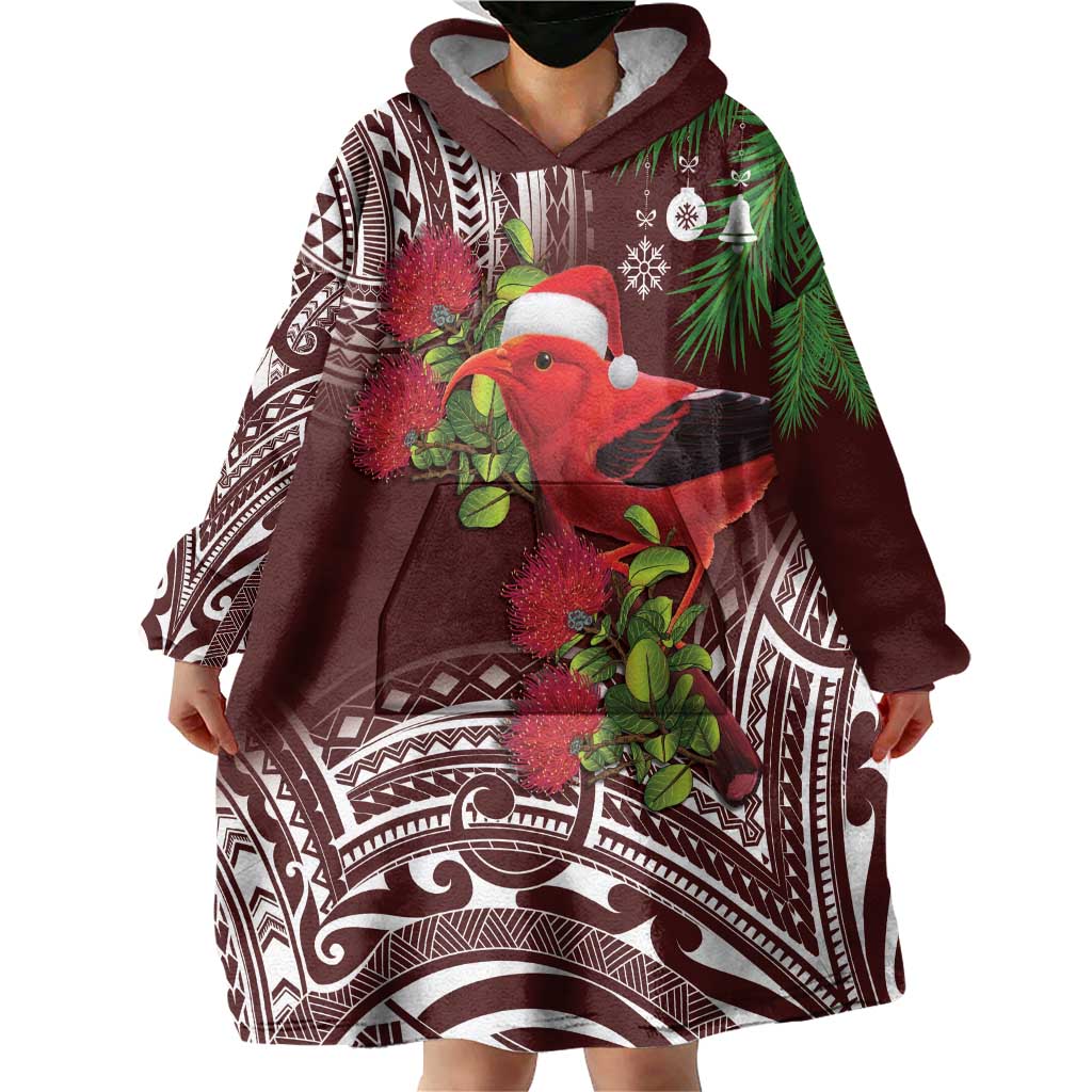 Christmas Hawaii with I'iwi Bird Wearable Blanket Hoodie Aloha Mele Kalikimaka - Oxblood Art LT9 - Polynesian Pride