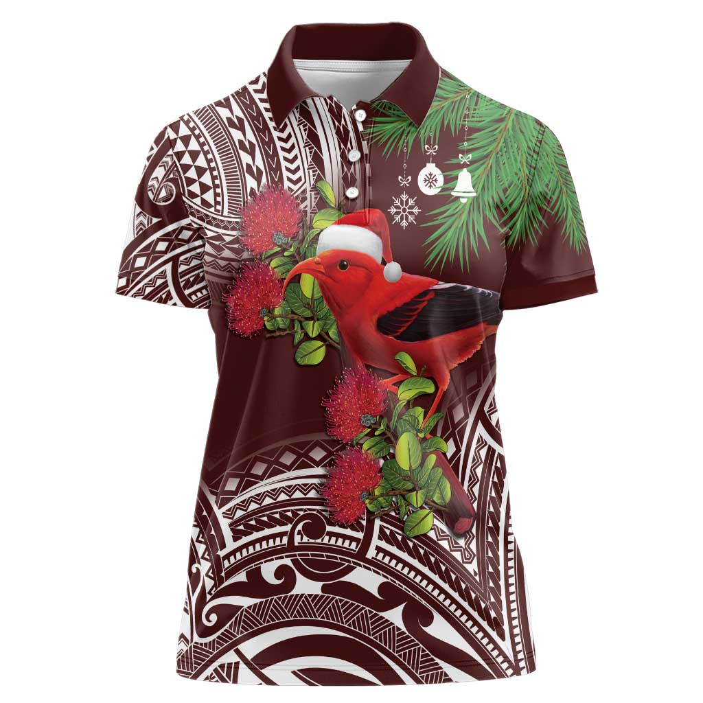 Christmas Hawaii with I'iwi Bird Women Polo Shirt Aloha Mele Kalikimaka - Oxblood Art LT9 Female Oxblood - Polynesian Pride