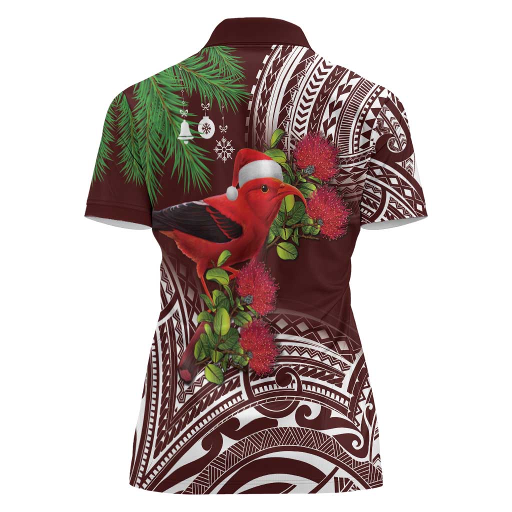 Christmas Hawaii with I'iwi Bird Women Polo Shirt Aloha Mele Kalikimaka - Oxblood Art LT9 - Polynesian Pride