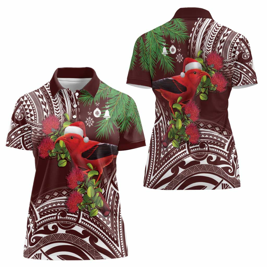 Christmas Hawaii with I'iwi Bird Women Polo Shirt Aloha Mele Kalikimaka - Oxblood Art LT9 - Polynesian Pride