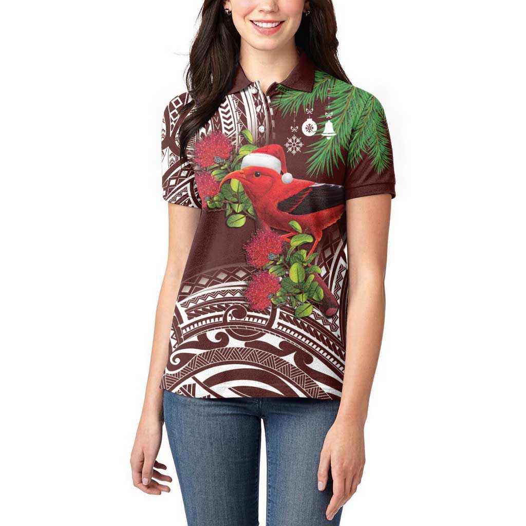 Christmas Hawaii with I'iwi Bird Women Polo Shirt Aloha Mele Kalikimaka - Oxblood Art LT9 - Polynesian Pride