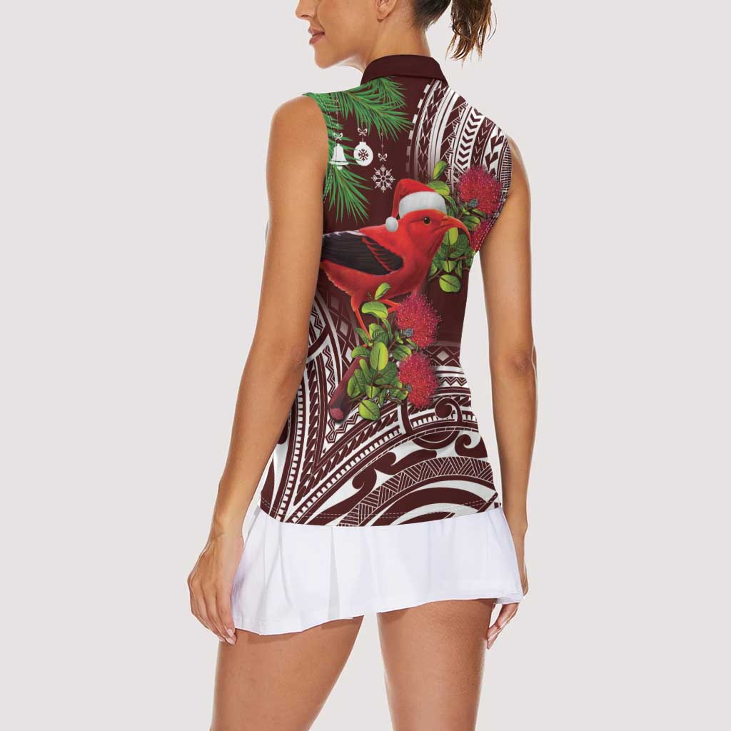Christmas Hawaii with I'iwi Bird Women Sleeveless Polo Shirt Aloha Mele Kalikimaka - Oxblood Art LT9 - Polynesian Pride