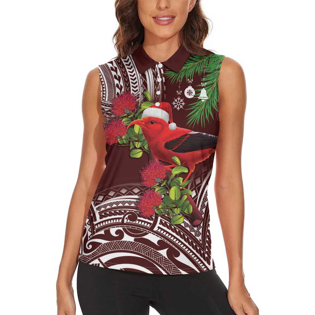 Christmas Hawaii with I'iwi Bird Women Sleeveless Polo Shirt Aloha Mele Kalikimaka - Oxblood Art LT9 - Polynesian Pride