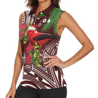 Christmas Hawaii with I'iwi Bird Women Sleeveless Polo Shirt Aloha Mele Kalikimaka - Oxblood Art LT9 - Polynesian Pride