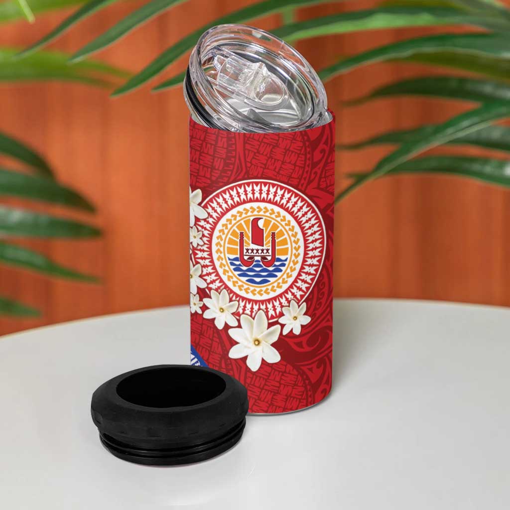 French Polynesia 4 in 1 Can Cooler Tumbler Tahitian Tiare Flowers Tribal