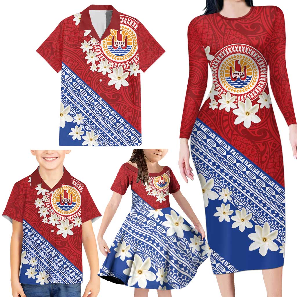 French Polynesia Family Matching Long Sleeve Bodycon Dress and Hawaiian Shirt Tahitian Tiare Flowers Tribal LT9 - Polynesian Pride
