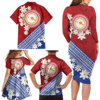 French Polynesia Family Matching Long Sleeve Bodycon Dress and Hawaiian Shirt Tahitian Tiare Flowers Tribal LT9 - Polynesian Pride