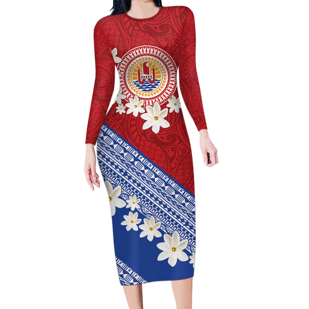 French Polynesia Family Matching Long Sleeve Bodycon Dress and Hawaiian Shirt Tahitian Tiare Flowers Tribal LT9 Mom's Dress Red - Polynesian Pride