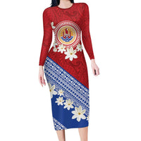French Polynesia Family Matching Long Sleeve Bodycon Dress and Hawaiian Shirt Tahitian Tiare Flowers Tribal LT9 Mom's Dress Red - Polynesian Pride