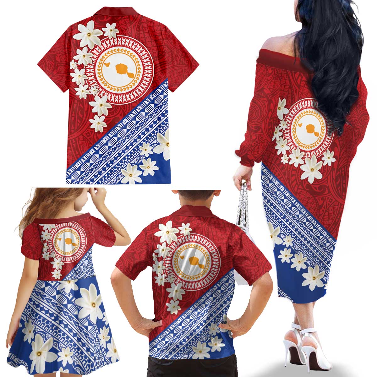 French Polynesia Family Matching Off The Shoulder Long Sleeve Dress and Hawaiian Shirt Tahitian Tiare Flowers Tribal LT9 - Polynesian Pride