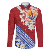 French Polynesia Family Matching Off The Shoulder Long Sleeve Dress and Hawaiian Shirt Tahitian Tiare Flowers Tribal LT9 Dad's Shirt - Long Sleeve Red - Polynesian Pride