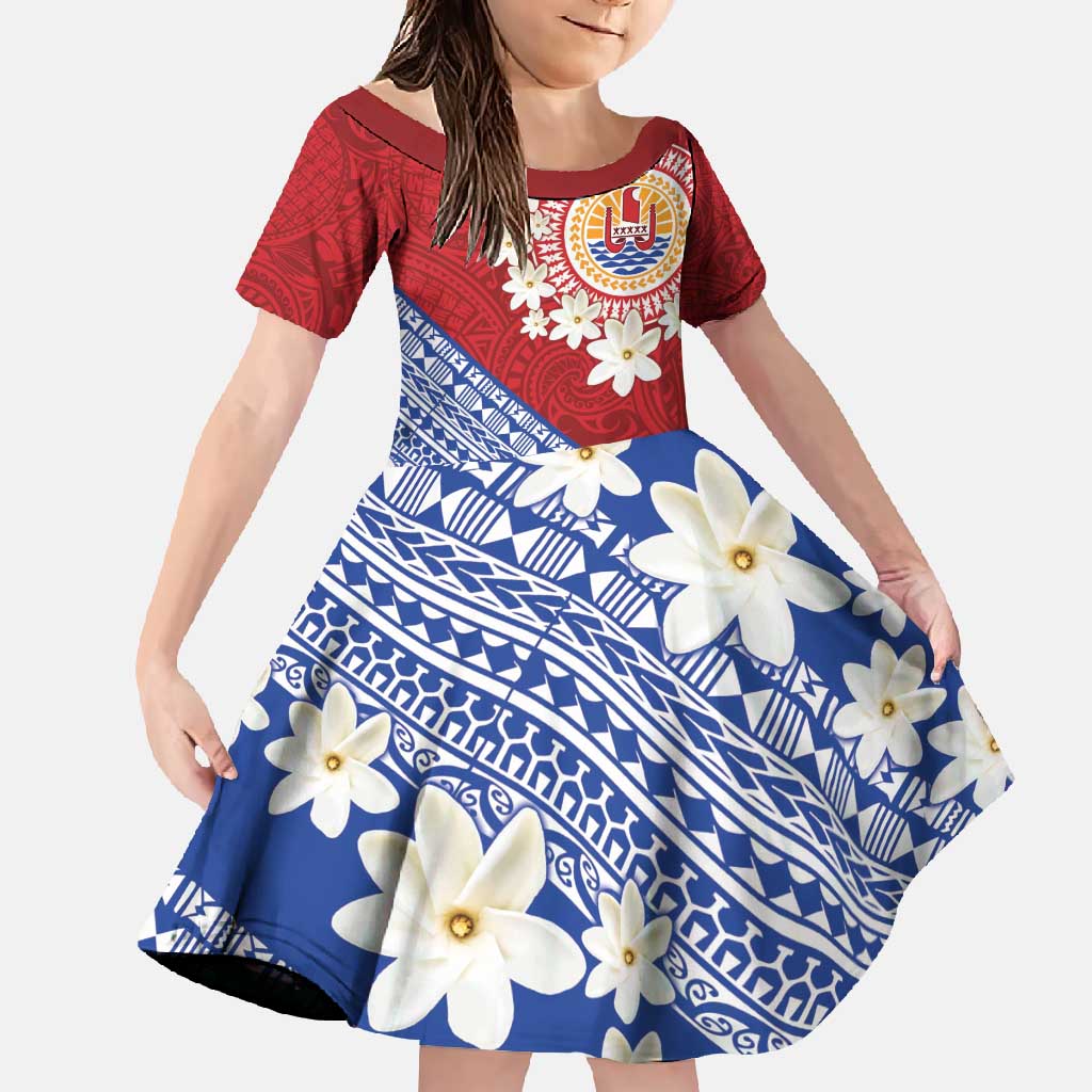 French Polynesia Family Matching Off Shoulder Maxi Dress and Hawaiian Shirt Tahitian Tiare Flowers Tribal LT9 Daughter's Dress Red - Polynesian Pride