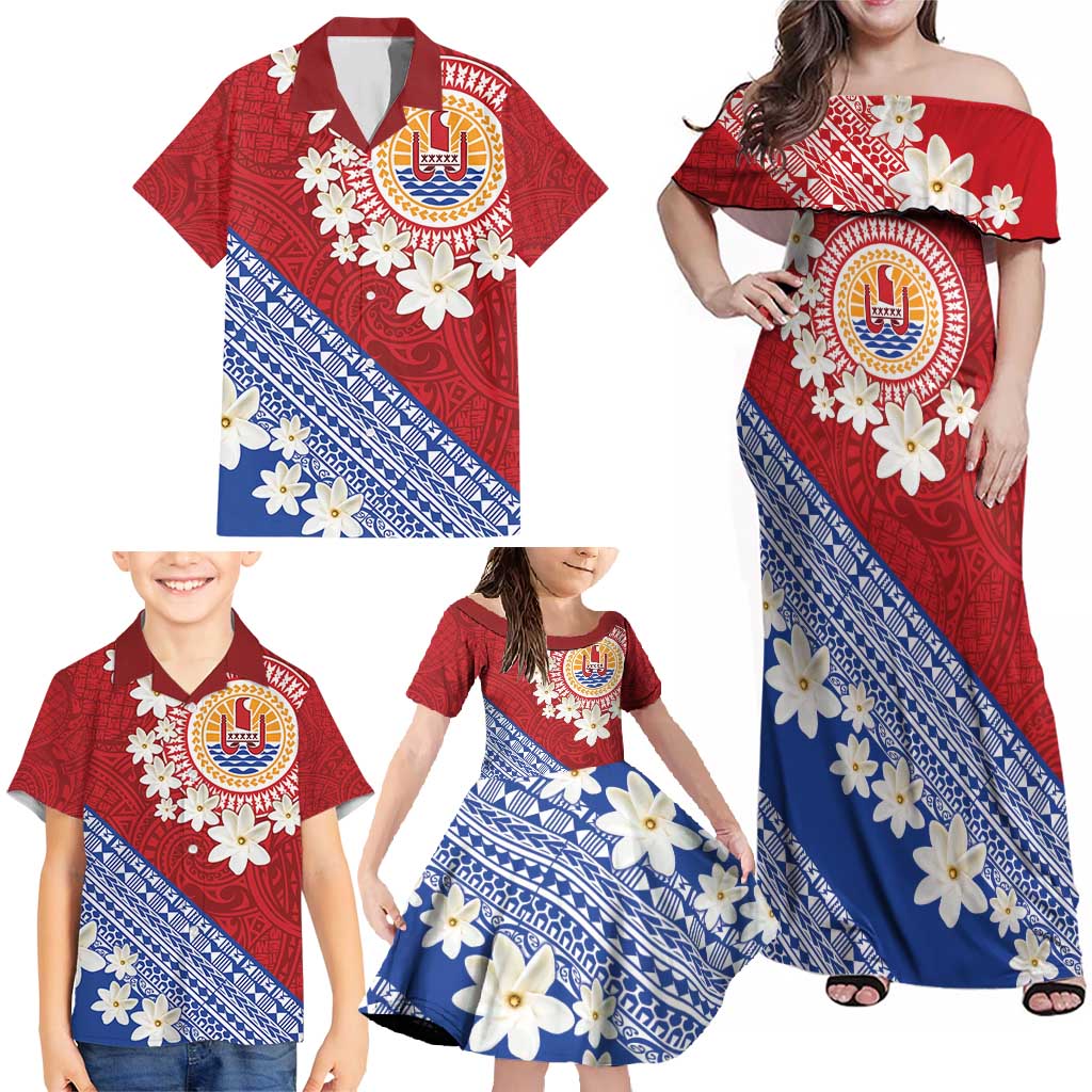 French Polynesia Family Matching Off Shoulder Maxi Dress and Hawaiian Shirt Tahitian Tiare Flowers Tribal LT9 - Polynesian Pride