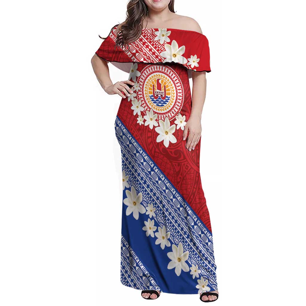 French Polynesia Family Matching Off Shoulder Maxi Dress and Hawaiian Shirt Tahitian Tiare Flowers Tribal LT9 Mom's Dress Red - Polynesian Pride