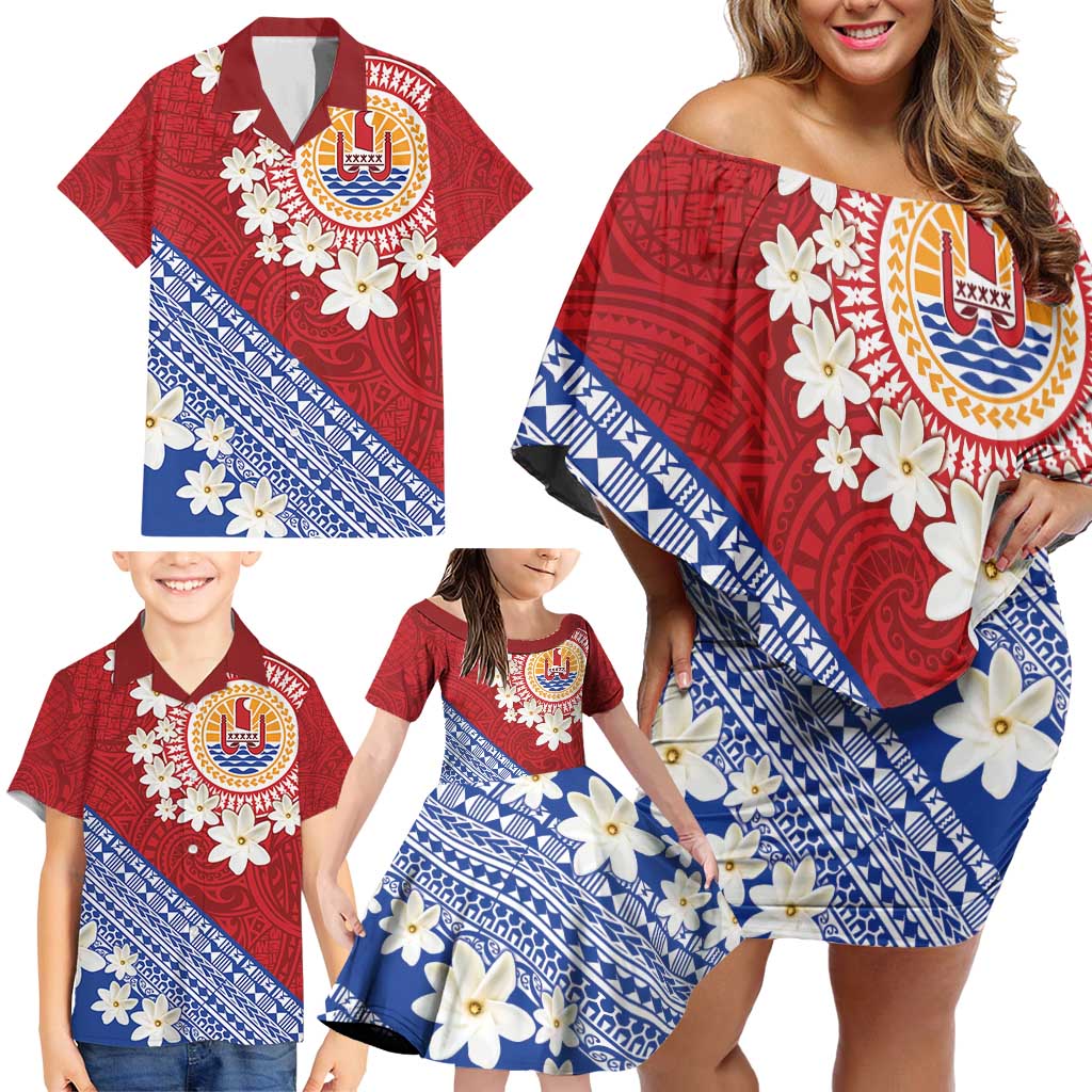 French Polynesia Family Matching Off Shoulder Short Dress and Hawaiian Shirt Tahitian Tiare Flowers Tribal LT9 - Polynesian Pride