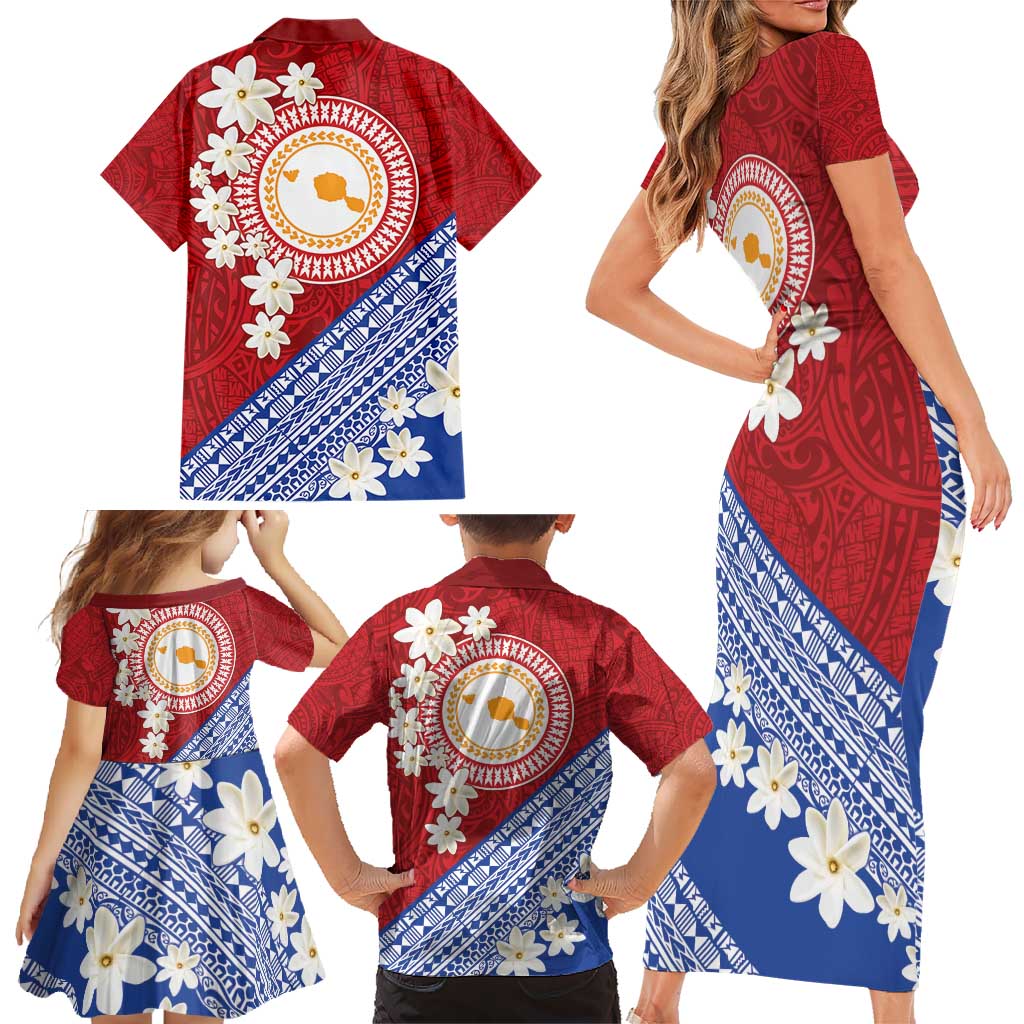 French Polynesia Family Matching Short Sleeve Bodycon Dress and Hawaiian Shirt Tahitian Tiare Flowers Tribal LT9 - Polynesian Pride