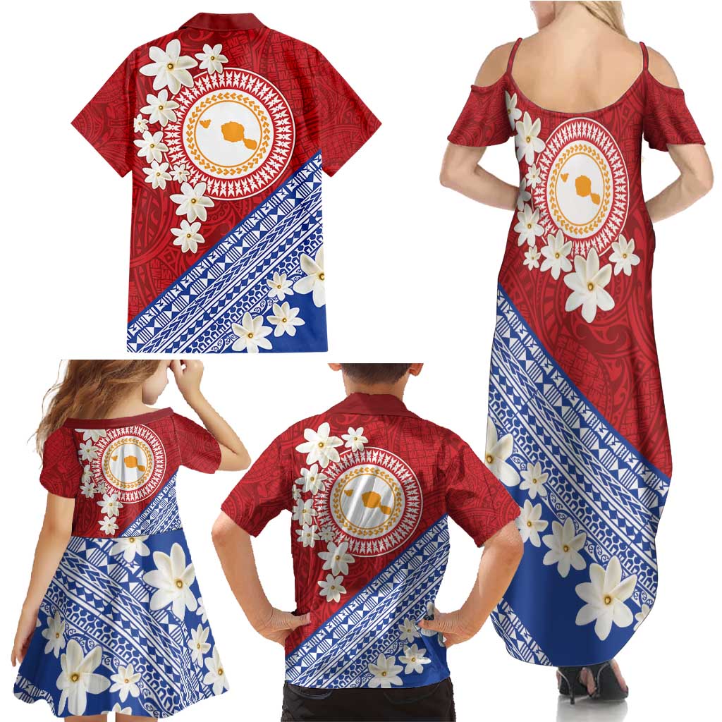 French Polynesia Family Matching Summer Maxi Dress and Hawaiian Shirt Tahitian Tiare Flowers Tribal LT9 - Polynesian Pride