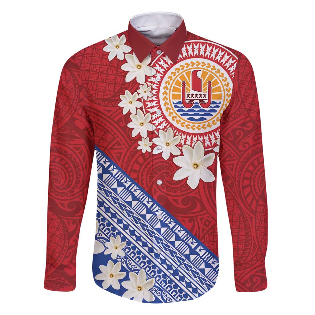 French Polynesia Family Matching Summer Maxi Dress and Hawaiian Shirt Tahitian Tiare Flowers Tribal LT9 Dad's Shirt - Long Sleeve Red - Polynesian Pride
