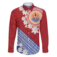 French Polynesia Family Matching Summer Maxi Dress and Hawaiian Shirt Tahitian Tiare Flowers Tribal LT9 Dad's Shirt - Long Sleeve Red - Polynesian Pride