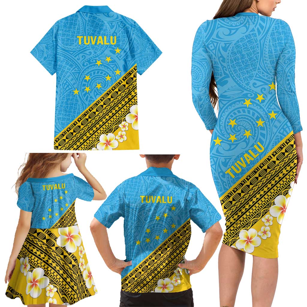 Tuvalu Plumeria Flowers Family Matching Long Sleeve Bodycon Dress and Hawaiian Shirt Polynesian Tribal Pattern LT9 - Polynesian Pride