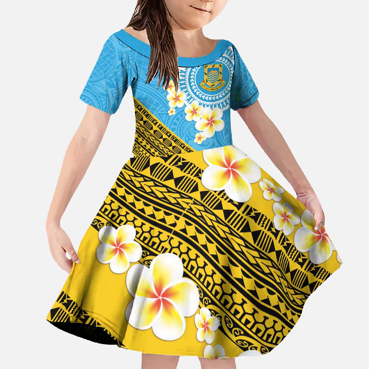 Tuvalu Plumeria Flowers Family Matching Off The Shoulder Long Sleeve Dress and Hawaiian Shirt Polynesian Tribal Pattern LT9 Daughter's Dress Blue - Polynesian Pride