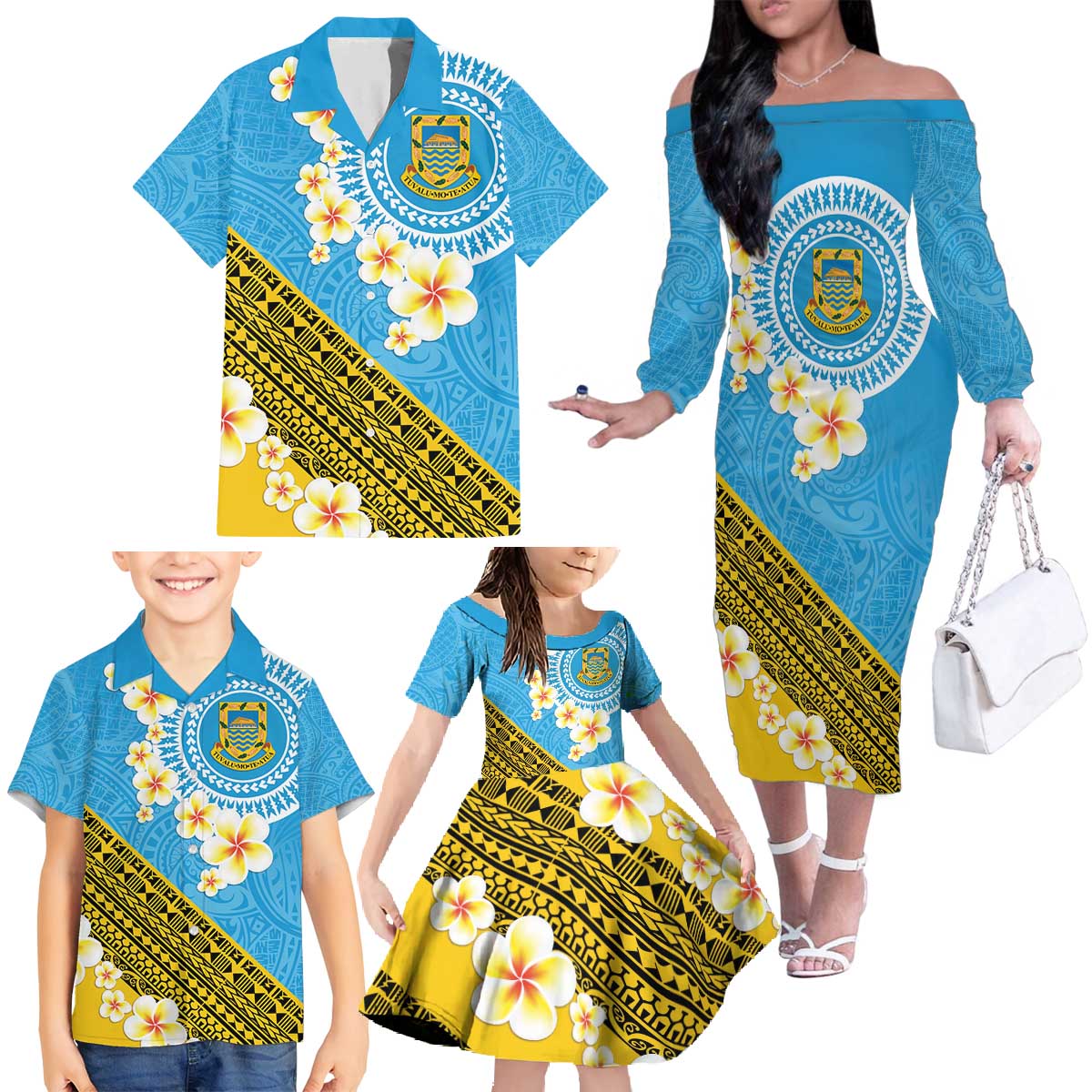 Tuvalu Plumeria Flowers Family Matching Off The Shoulder Long Sleeve Dress and Hawaiian Shirt Polynesian Tribal Pattern LT9 - Polynesian Pride
