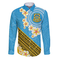 Tuvalu Plumeria Flowers Family Matching Off The Shoulder Long Sleeve Dress and Hawaiian Shirt Polynesian Tribal Pattern LT9 Dad's Shirt - Long Sleeve Blue - Polynesian Pride