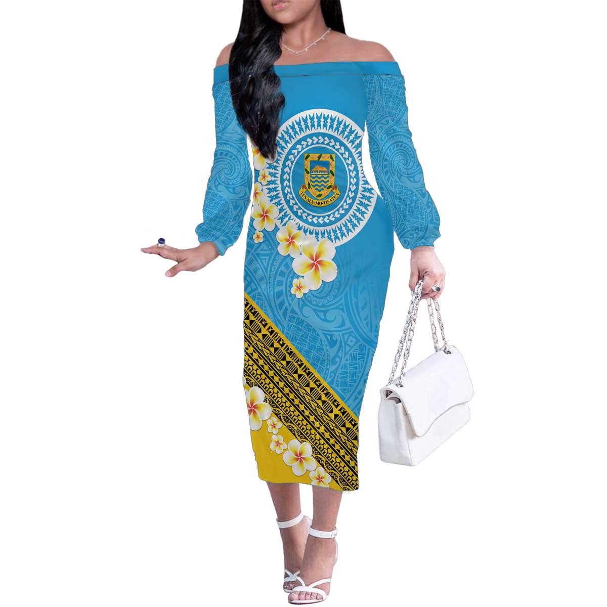 Tuvalu Plumeria Flowers Family Matching Off The Shoulder Long Sleeve Dress and Hawaiian Shirt Polynesian Tribal Pattern LT9 Mom's Dress Blue - Polynesian Pride