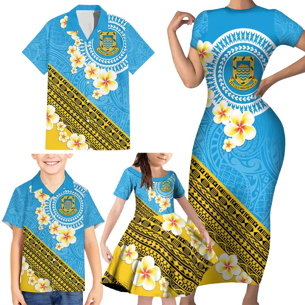 Tuvalu Plumeria Flowers Family Matching Short Sleeve Bodycon Dress and Hawaiian Shirt Polynesian Tribal Pattern LT9 - Polynesian Pride