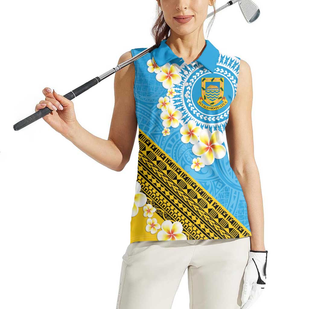 Tuvalu Plumeria Flowers Women Sleeveless Polo Shirt Polynesian Tribal Pattern