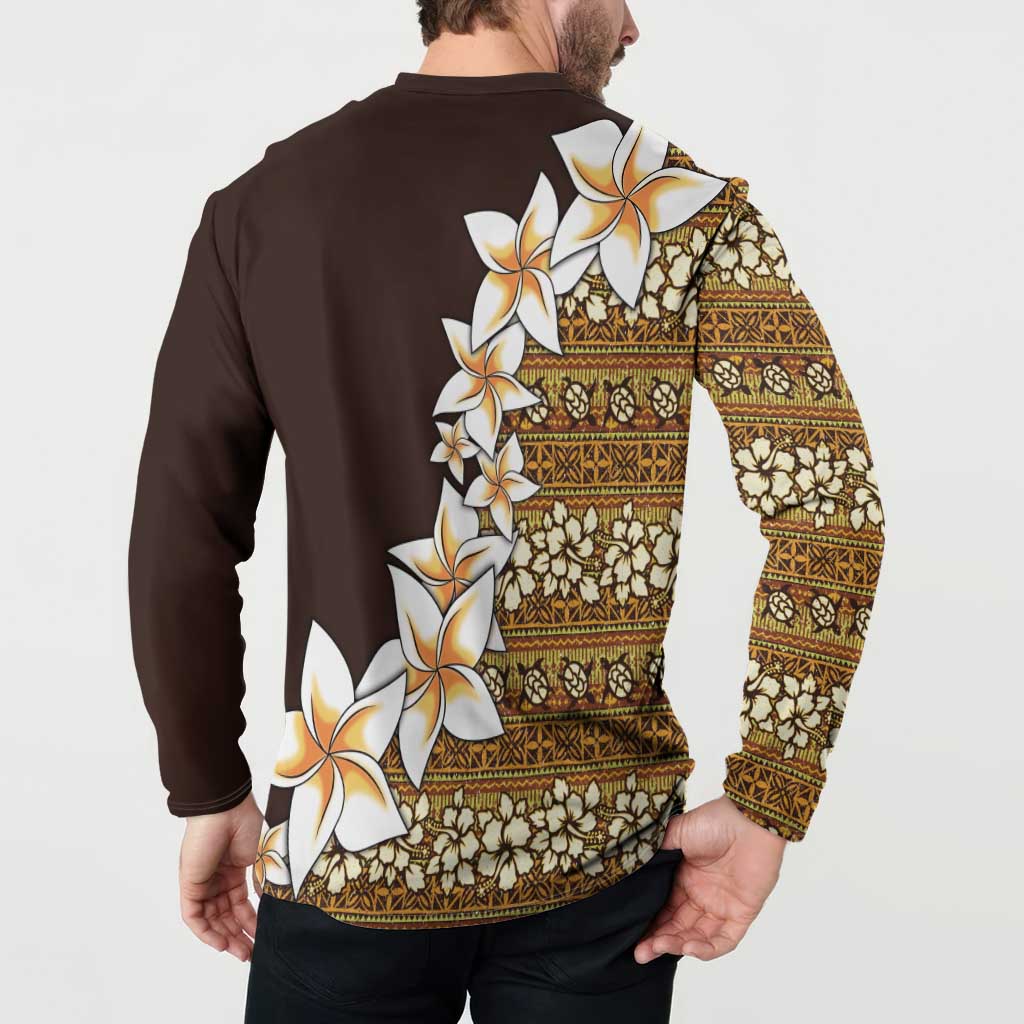 Vintage Hibiscus Turtle Pattern Button Sweatshirt with Plumeria Half Style
