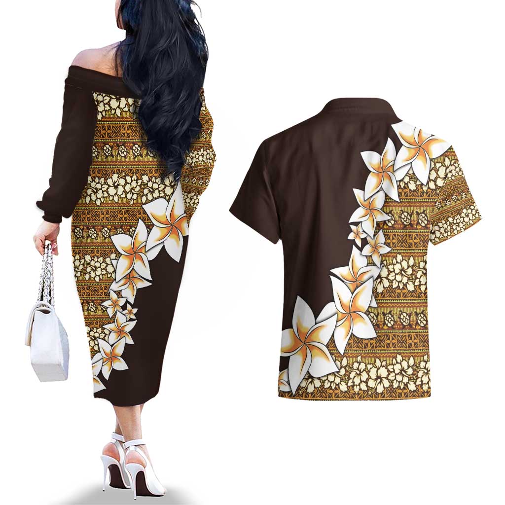 Vintage Hibiscus Turtle Pattern Couples Matching Off The Shoulder Long Sleeve Dress and Hawaiian Shirt with Plumeria Half Style