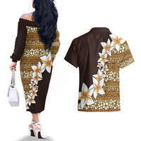 Vintage Hibiscus Turtle Pattern Couples Matching Off The Shoulder Long Sleeve Dress and Hawaiian Shirt with Plumeria Half Style