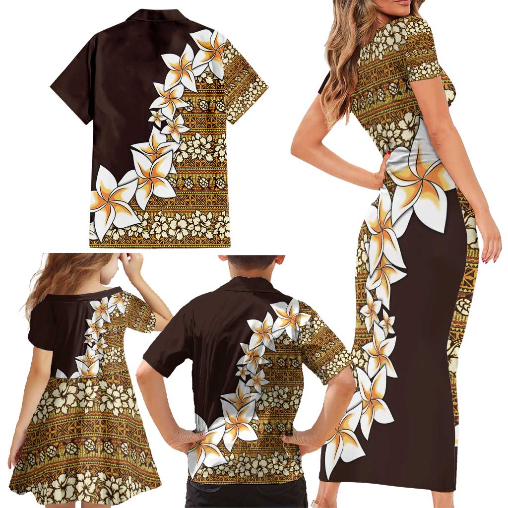 Vintage Hibiscus Turtle Pattern Family Matching Short Sleeve Bodycon Dress and Hawaiian Shirt with Plumeria Half Style