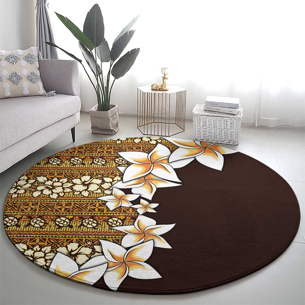 Vintage Hibiscus Turtle Pattern Round Carpet with Plumeria Half Style