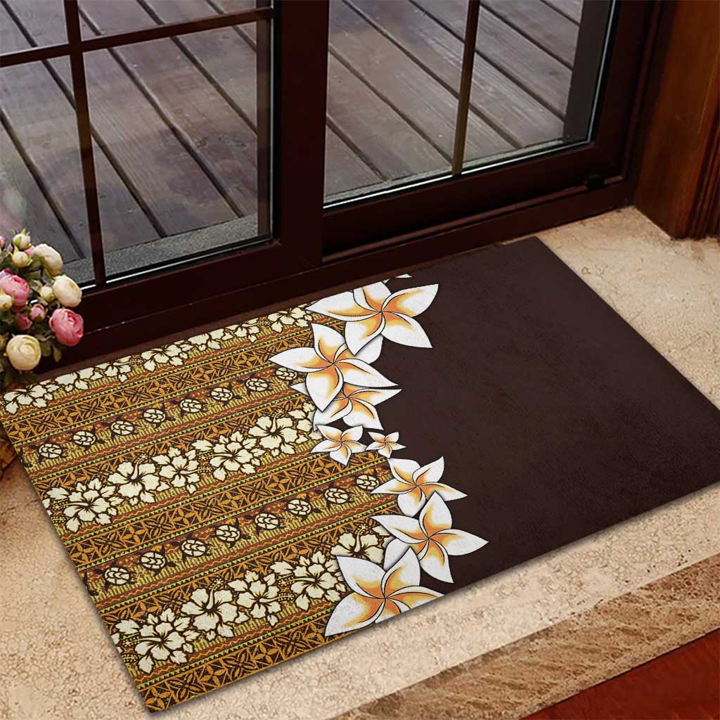 Vintage Hibiscus Turtle Pattern Rubber Doormat with Plumeria Half Style