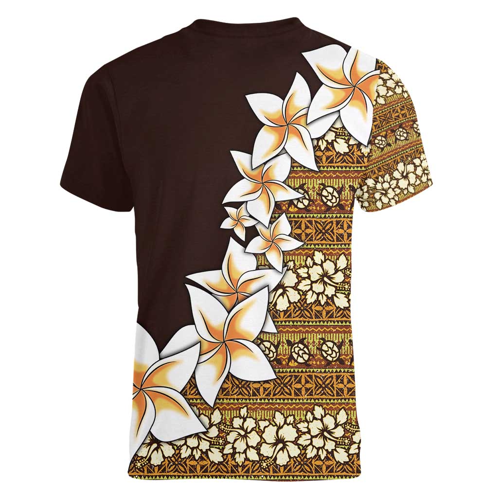 Vintage Hibiscus Turtle Pattern Women V-Neck T-Shirt with Plumeria Half Style