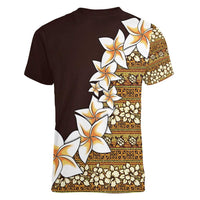 Vintage Hibiscus Turtle Pattern Women V-Neck T-Shirt with Plumeria Half Style