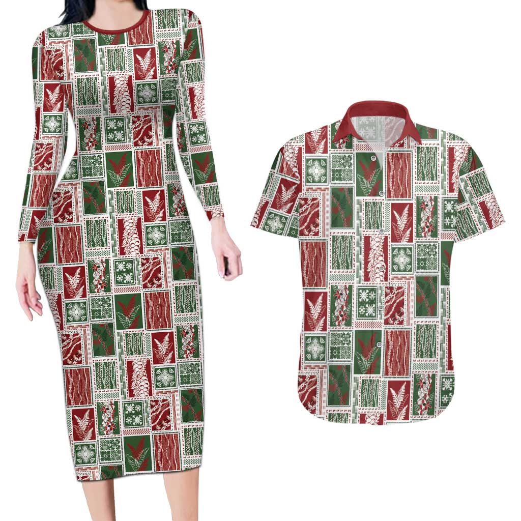 Mele Kalikimaka Hawaiian Quilt and Lei Patchwork Couples Matching Long Sleeve Bodycon Dress and Hawaiian Shirt - Polynesian Pride