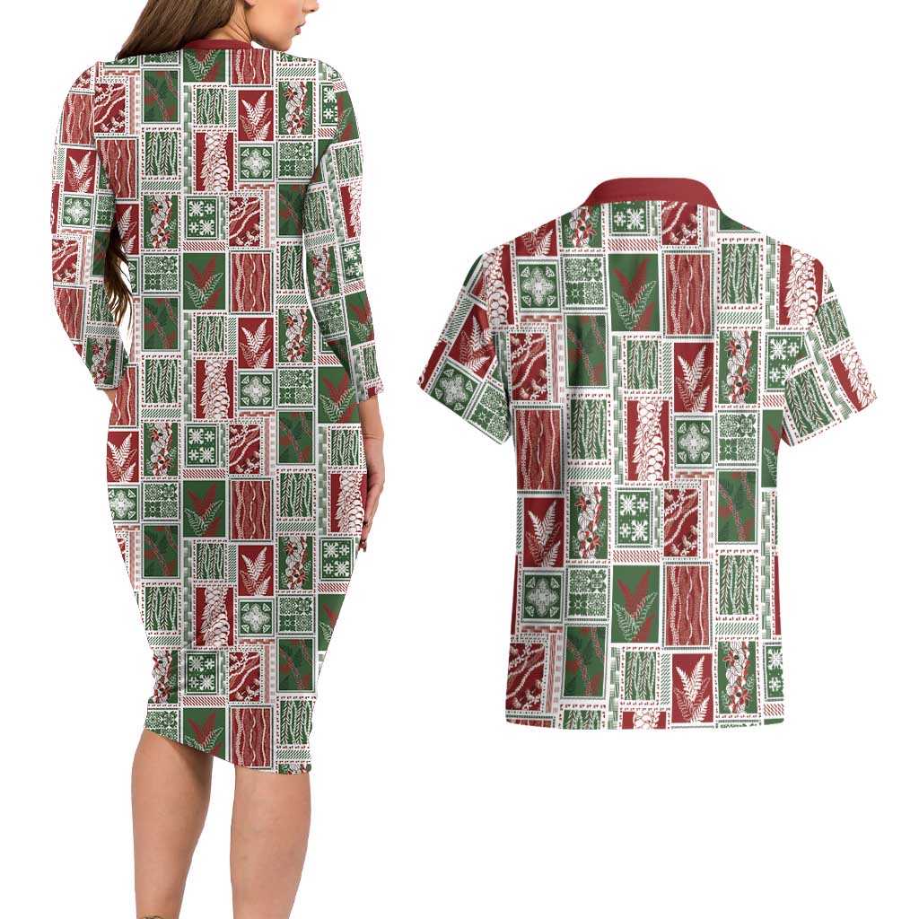 Mele Kalikimaka Hawaiian Quilt and Lei Patchwork Couples Matching Long Sleeve Bodycon Dress and Hawaiian Shirt - Polynesian Pride