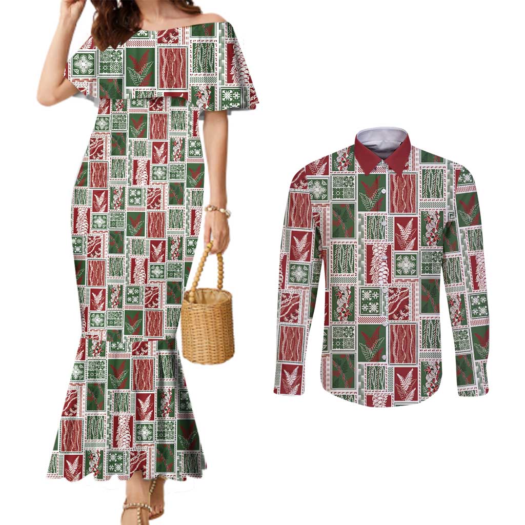 Mele Kalikimaka Hawaiian Quilt and Lei Patchwork Couples Matching Mermaid Dress and Long Sleeve Button Shirt - Polynesian Pride