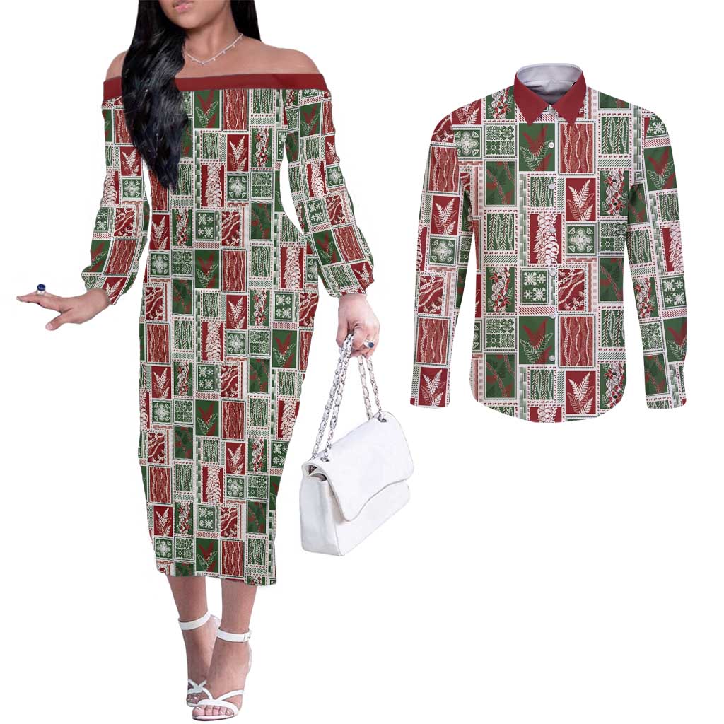 Mele Kalikimaka Hawaiian Quilt and Lei Patchwork Couples Matching Off The Shoulder Long Sleeve Dress and Long Sleeve Button Shirt LT9 Red - Polynesian Pride