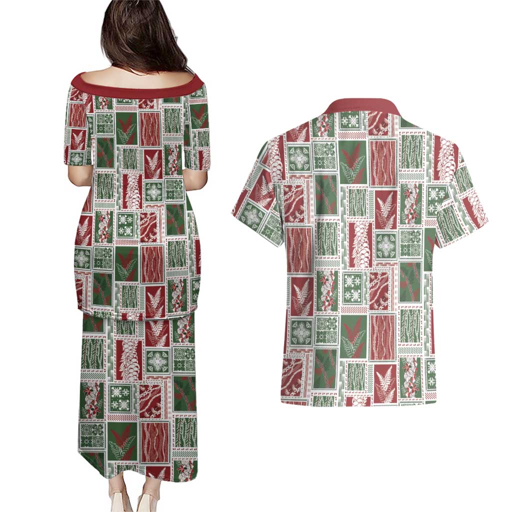 Mele Kalikimaka Hawaiian Quilt and Lei Patchwork Couples Matching Puletasi and Hawaiian Shirt - Polynesian Pride