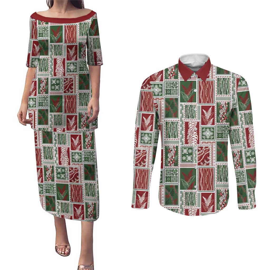 Mele Kalikimaka Hawaiian Quilt and Lei Patchwork Couples Matching Puletasi and Long Sleeve Button Shirt - Polynesian Pride